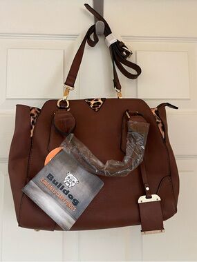 Concealed Carry Purse - Brown Convertible Shoulder Bag with Leopard Accent